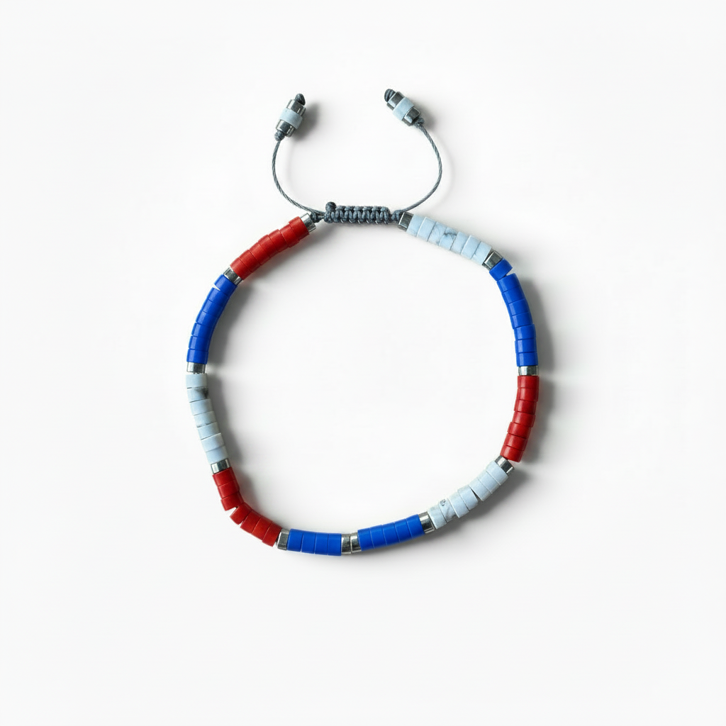 A beaded adjustable wire bracelet featuring alternating sections of metallic blue, metallic red, and light blue beads, displayed on a clean white background.